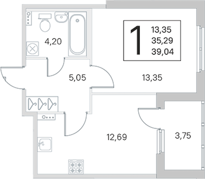 1-комнатная квартира 35.29 м², 1/4 эт., ЖК «Любоград в Стрельне»